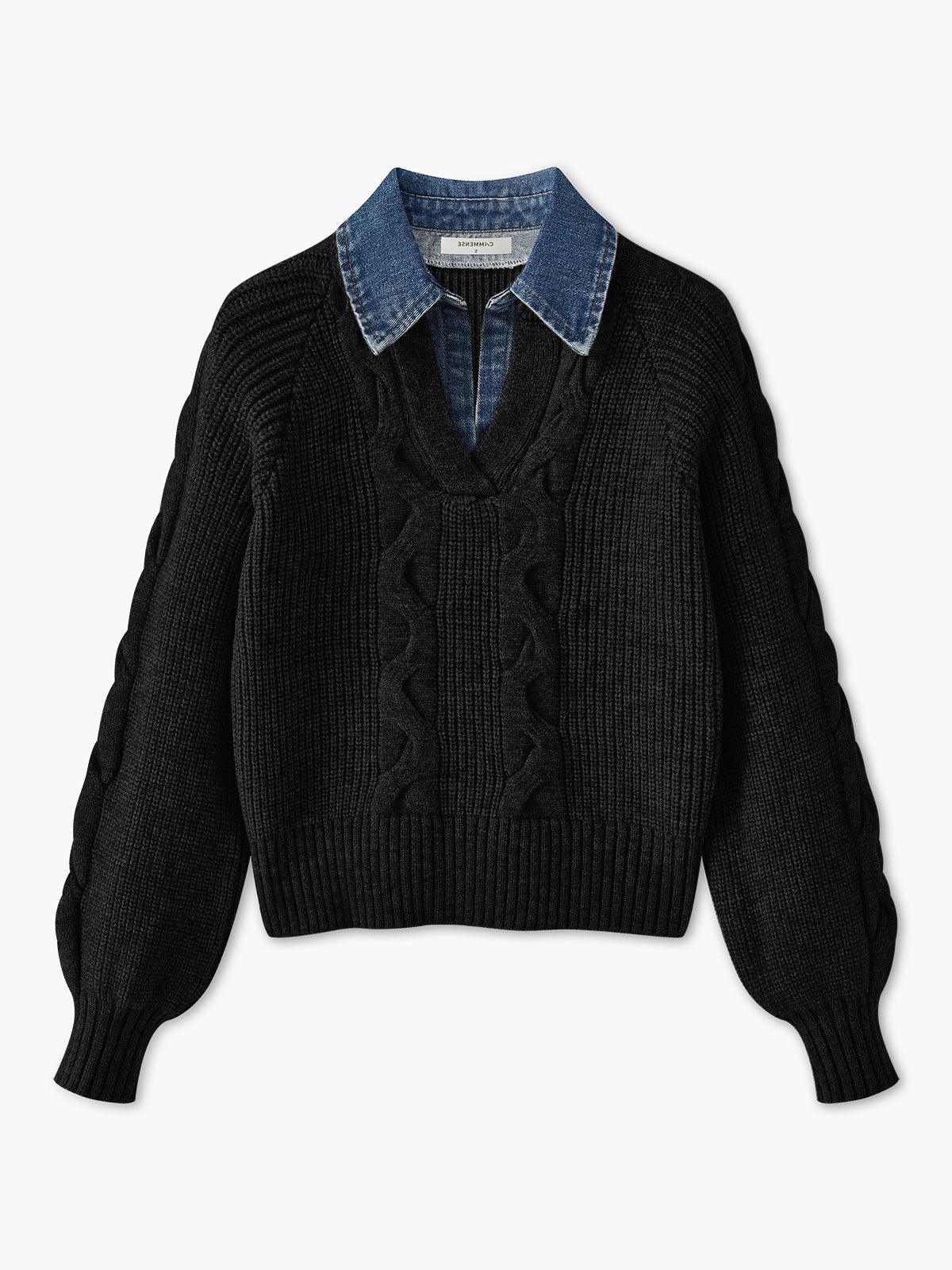 Denim Yakalı Örgü Detaylı Gri Kazak Siaora