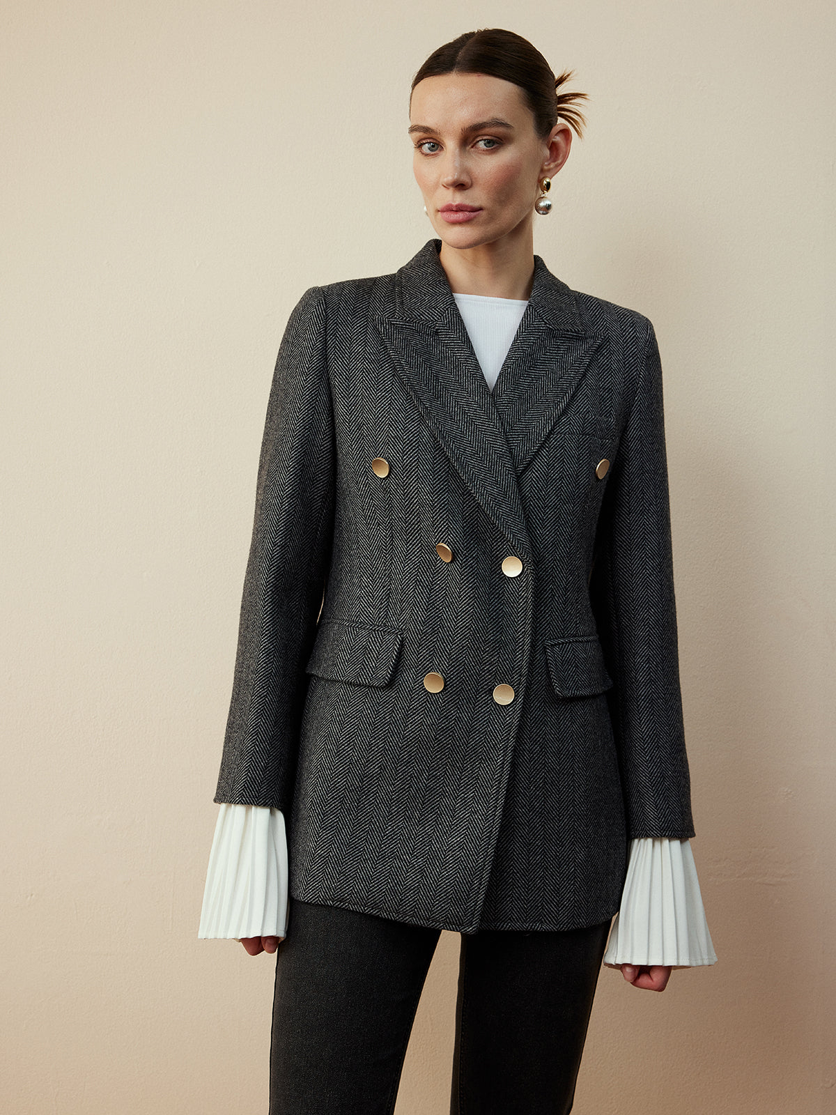 Yün Karışımı Şevron Ekose Uyumlu Blazer Quvarse