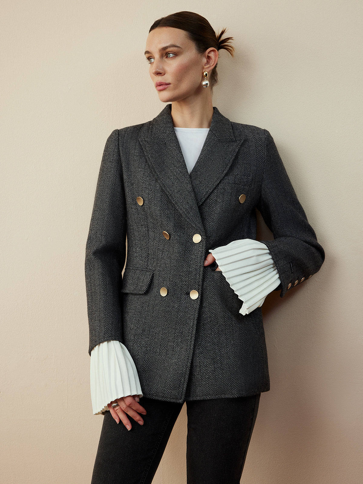 Yün Karışımı Şevron Ekose Uyumlu Blazer Quvarse