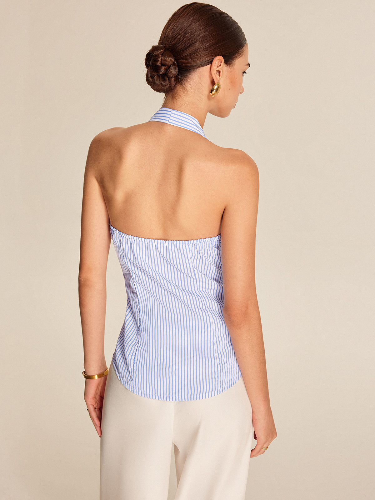 Şık Çizgili Halter Yaka Kravat Bluzu THESVELTECHIC