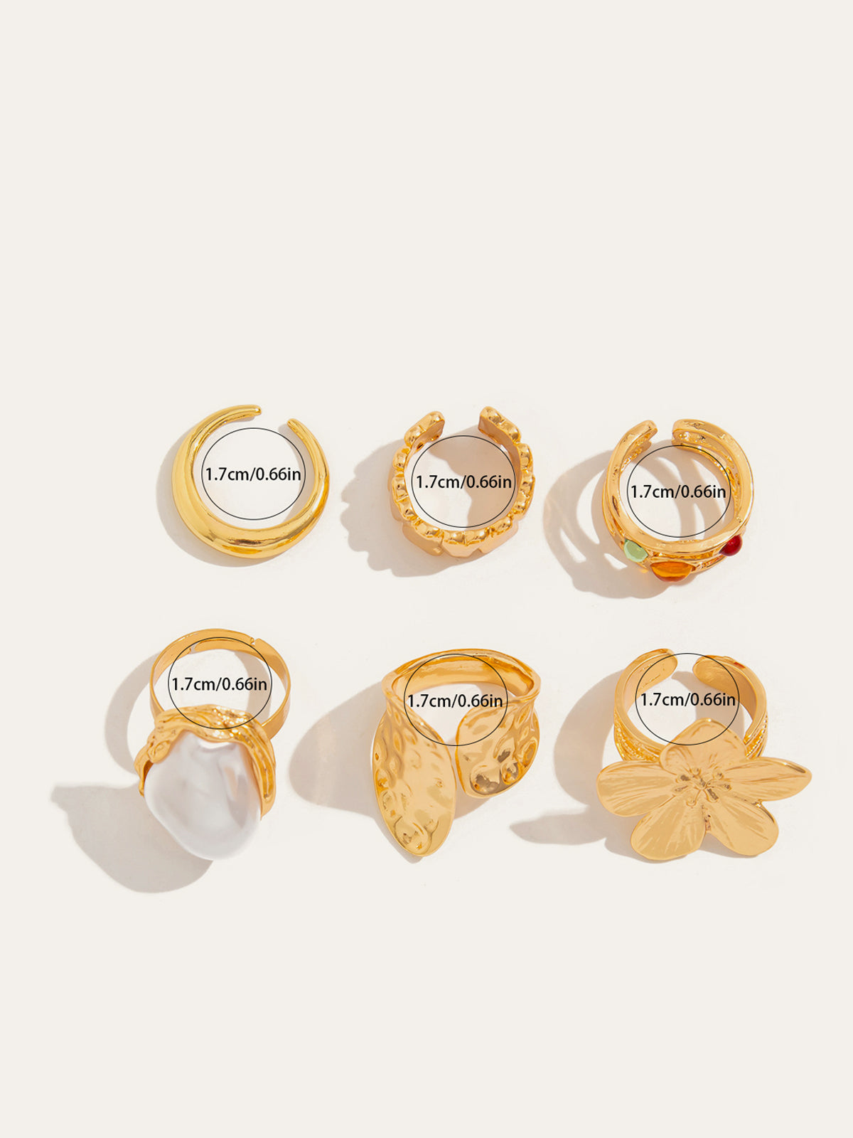 Altı Parçalı Yüzük Seti, İnci ve Çiçek Aksanları ile Quvarse