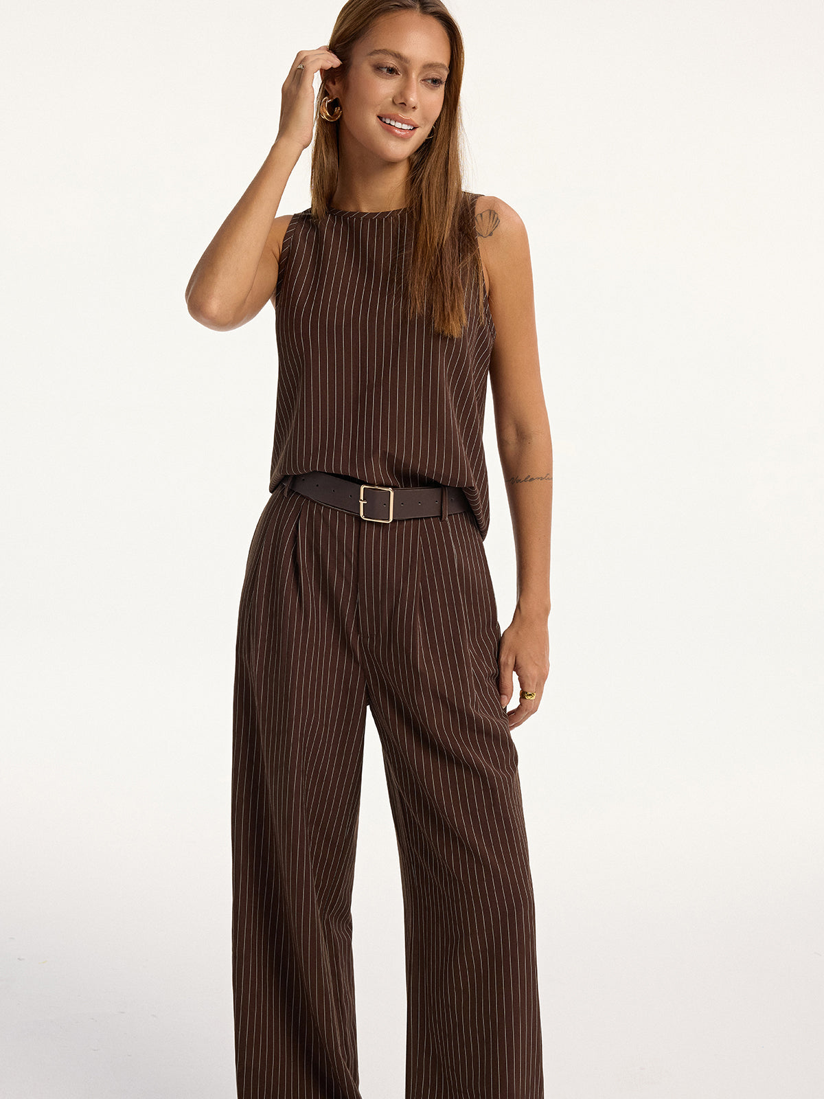 Pinstripe Sleeveless Top and Pants Set with Belt COMMENSE