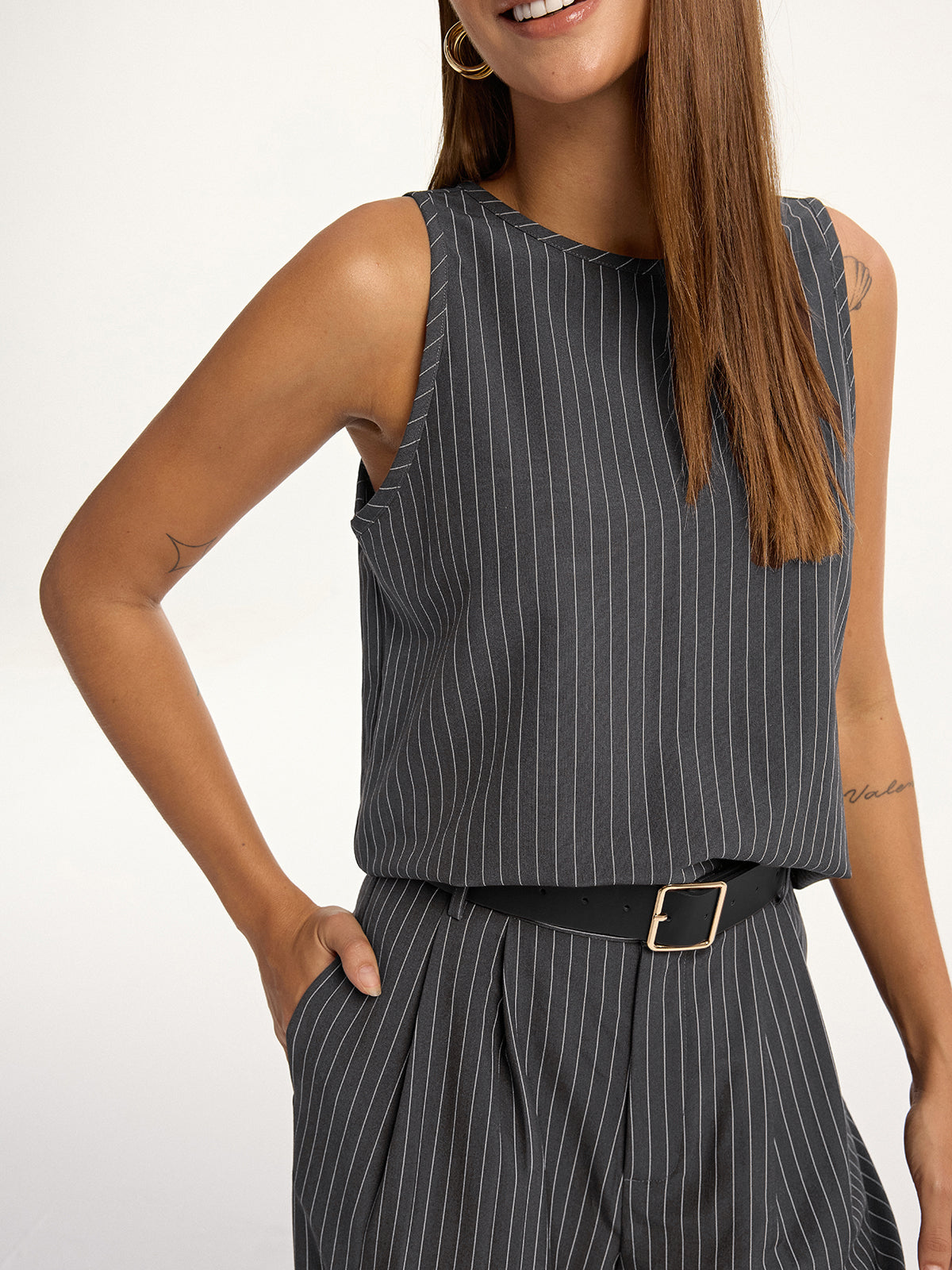 Pinstripe Sleeveless Top and Pants Set with Belt COMMENSE