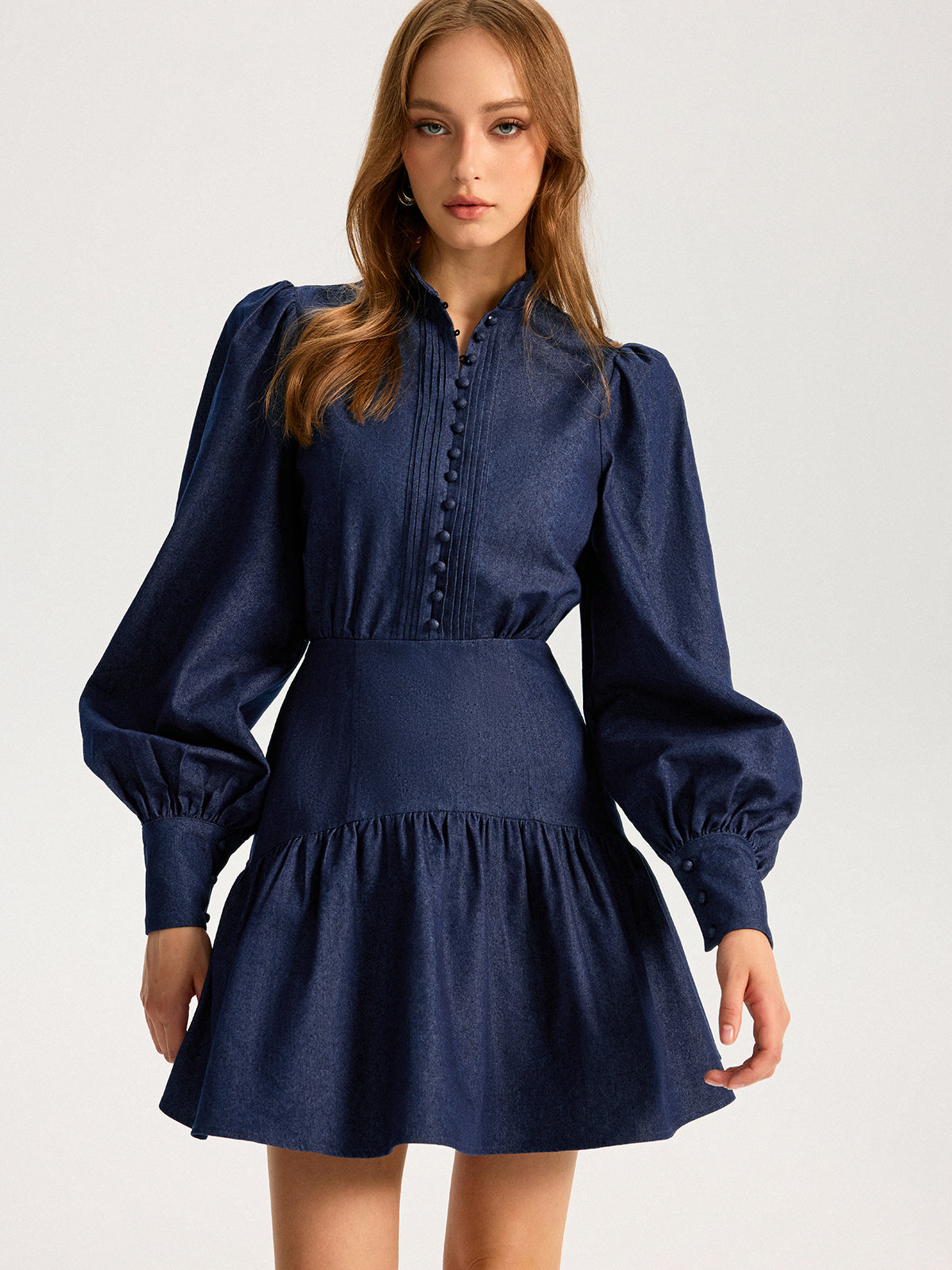 Denim Stand Collar Puff Sleeve Mini Dress COMMENSE