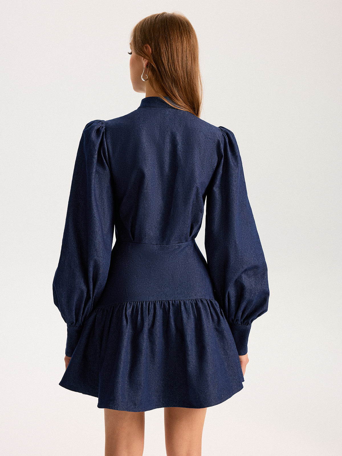 Denim Stand Collar Puff Sleeve Mini Dress COMMENSE