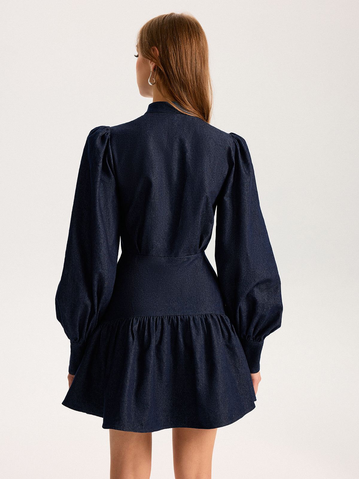 Denim Stand Collar Puff Sleeve Mini Dress COMMENSE