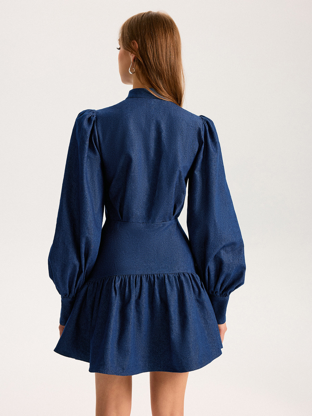 Denim Stand Collar Puff Sleeve Mini Dress COMMENSE