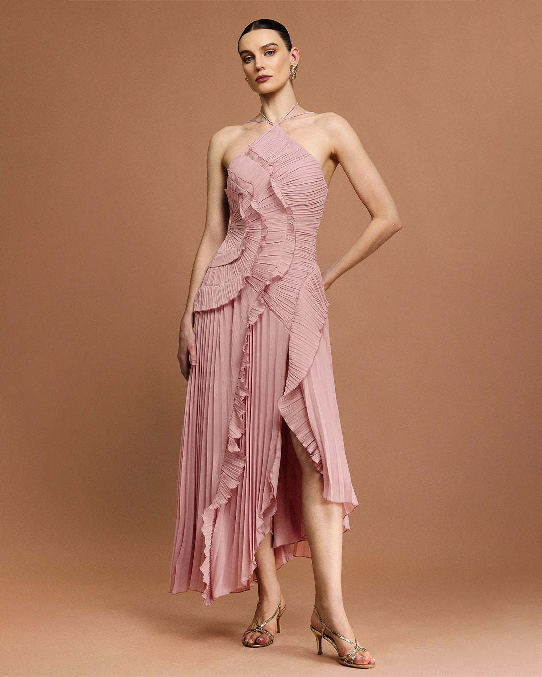 Fırfır Detaylı Pileli Halter Midi Elbise Siaora