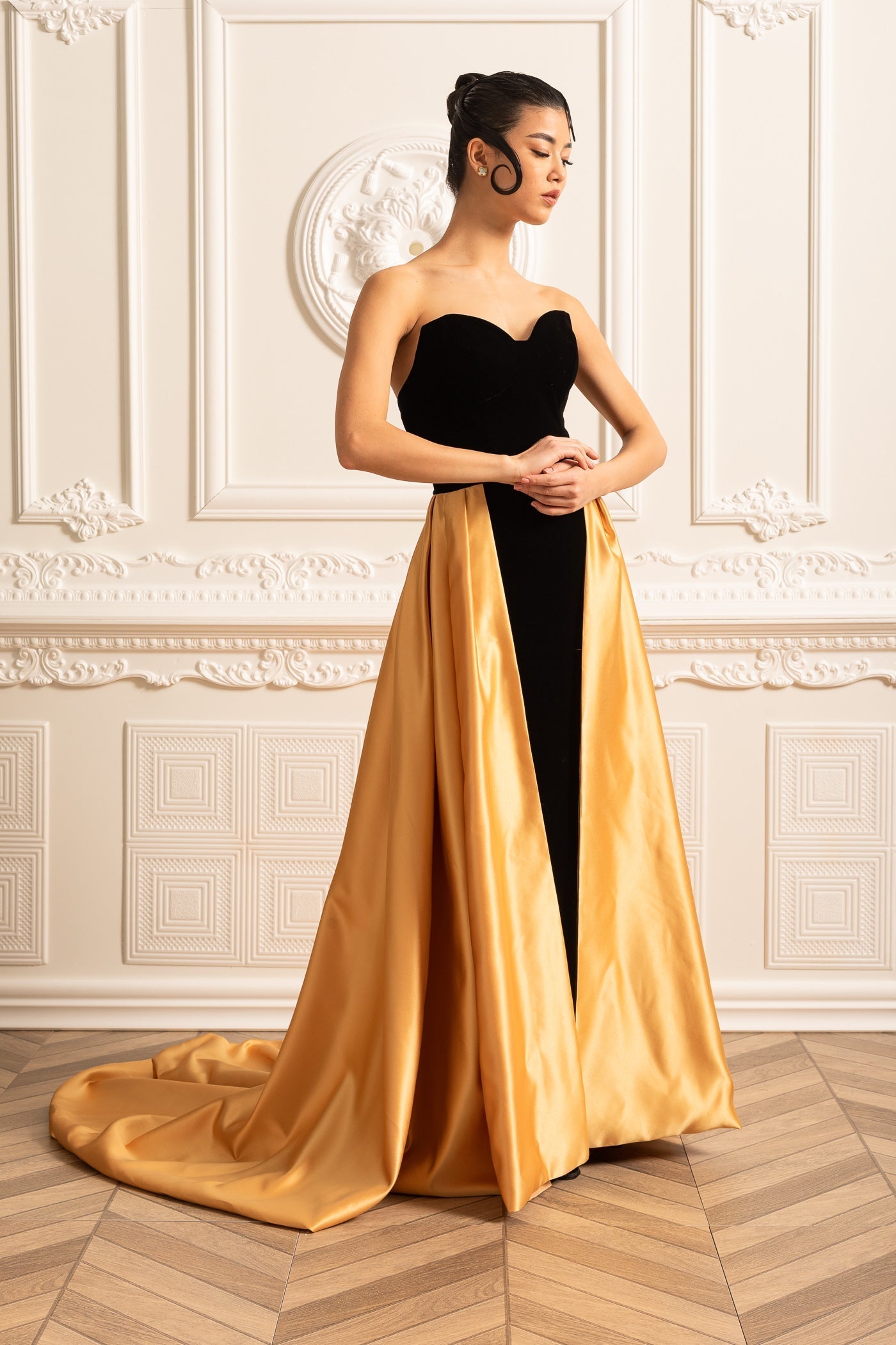 Gold Satin Etekli Kadife Elbise Siaora
