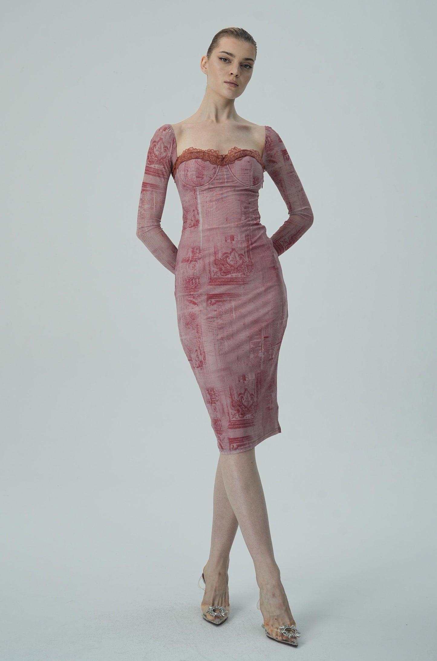 Gül Baskılı Uzun Kollu Bodycon Elbise Siaora