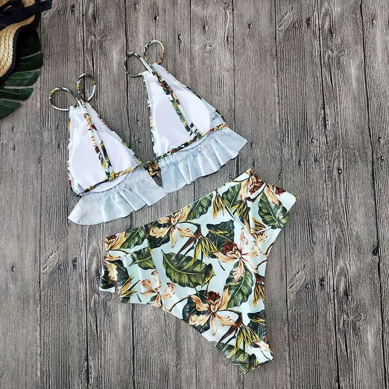 Yeşil Yapraklı Fırfırlı Bikini Niebbla