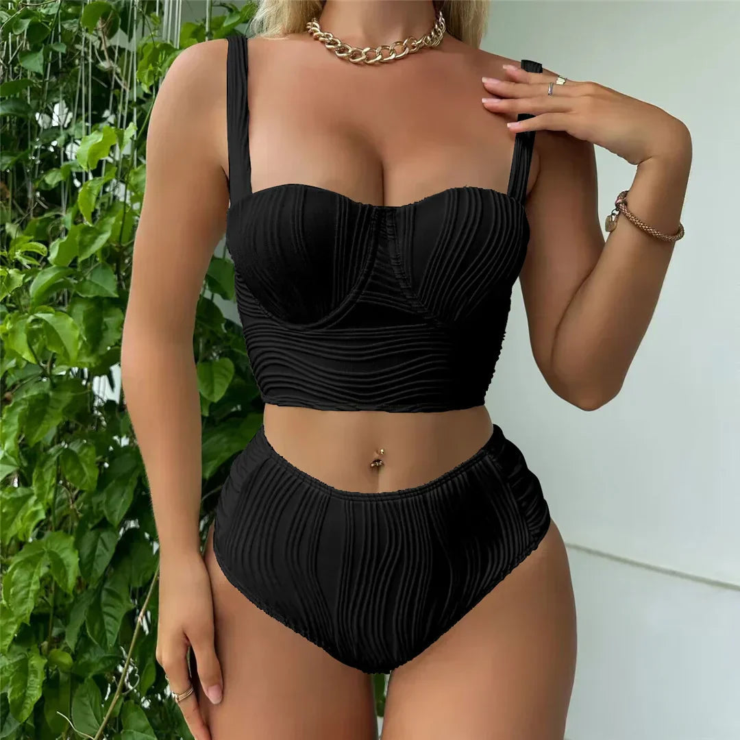Buruşuk Balenli Yüksek Bel Bikini Takımı Siaora