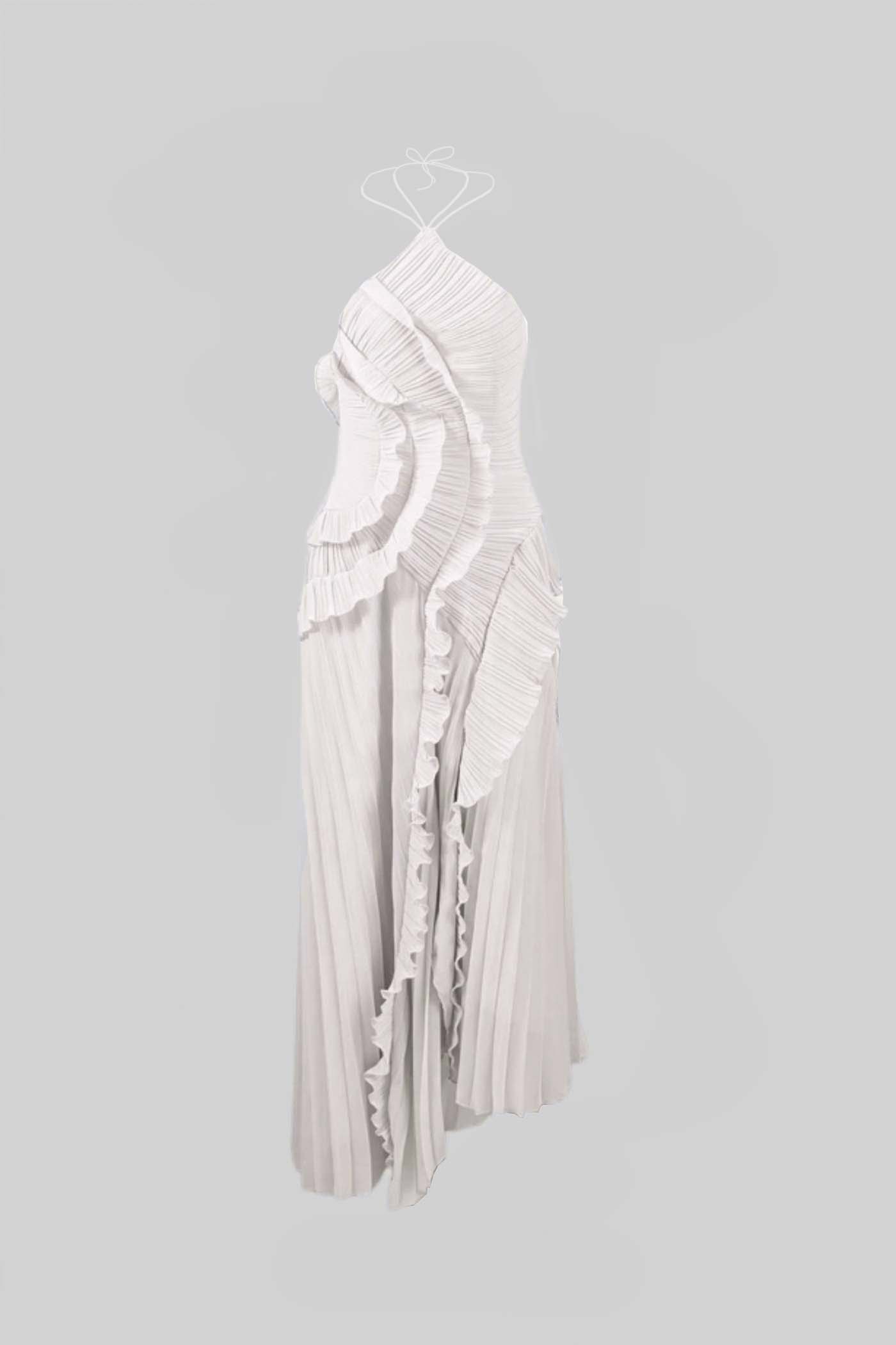 Fırfır Detaylı Pileli Halter Midi Elbise Siaora