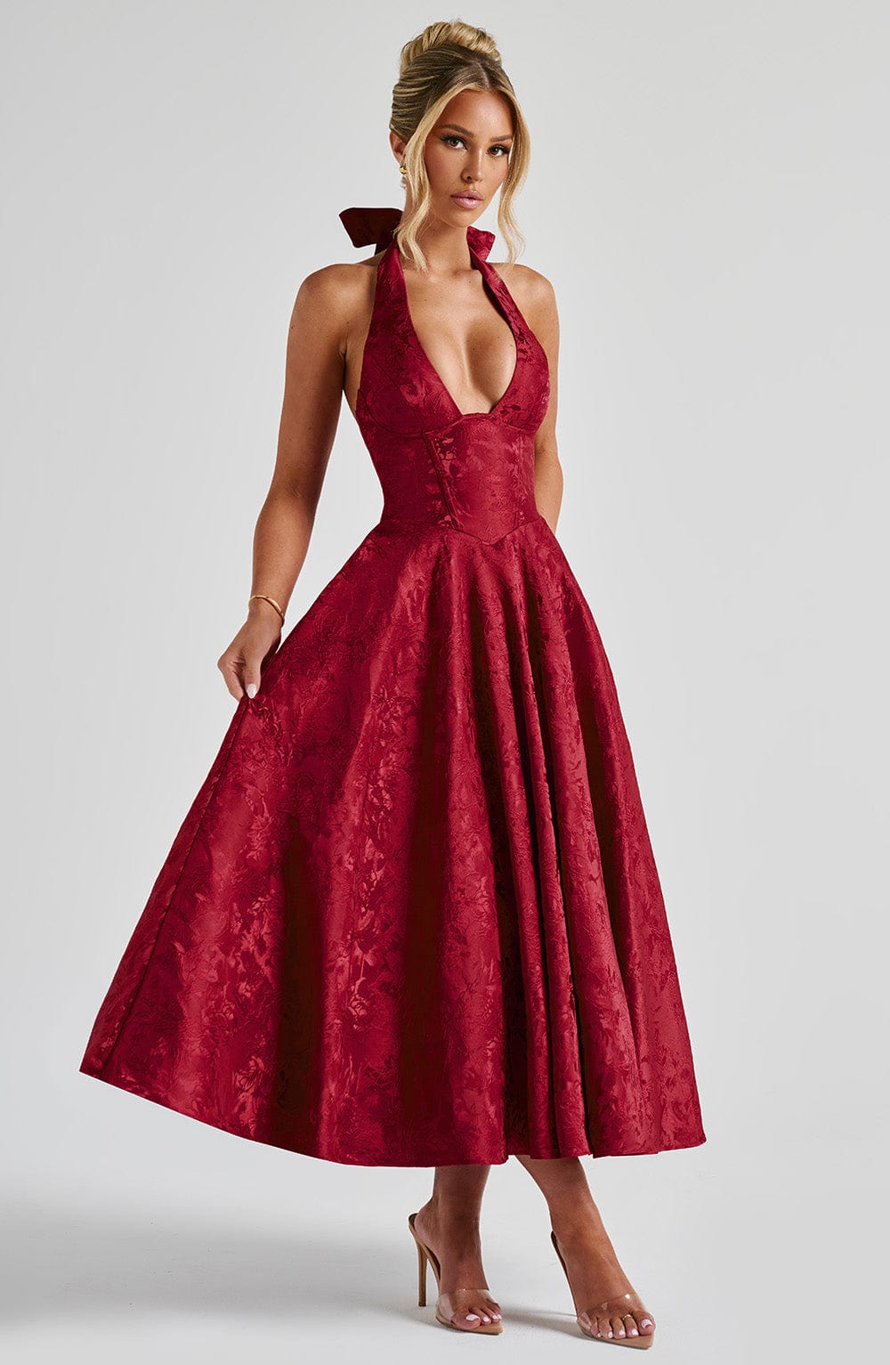 Bordo Halter Yaka Midi Elbise Niebbla