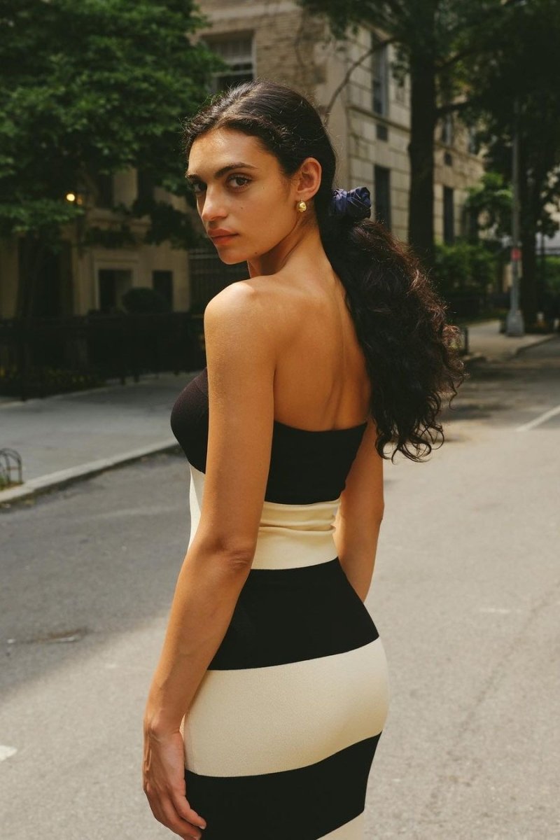 Joanne Askısız Çizgili Midi Örgü Elbise Niebbla