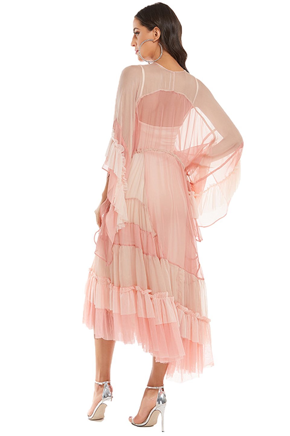 Katie Mesh Degrade Pembe Midi Uzun Elbise Niebbla