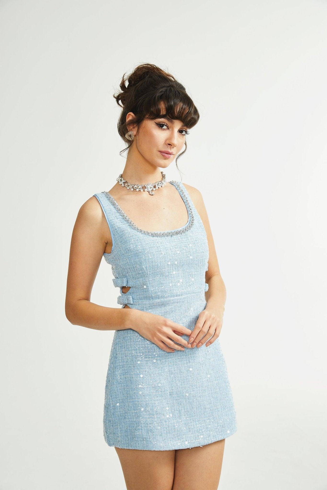 "Manon Charm" Açık Mavi Işıltılı Tweed Mini Elbise Siaora