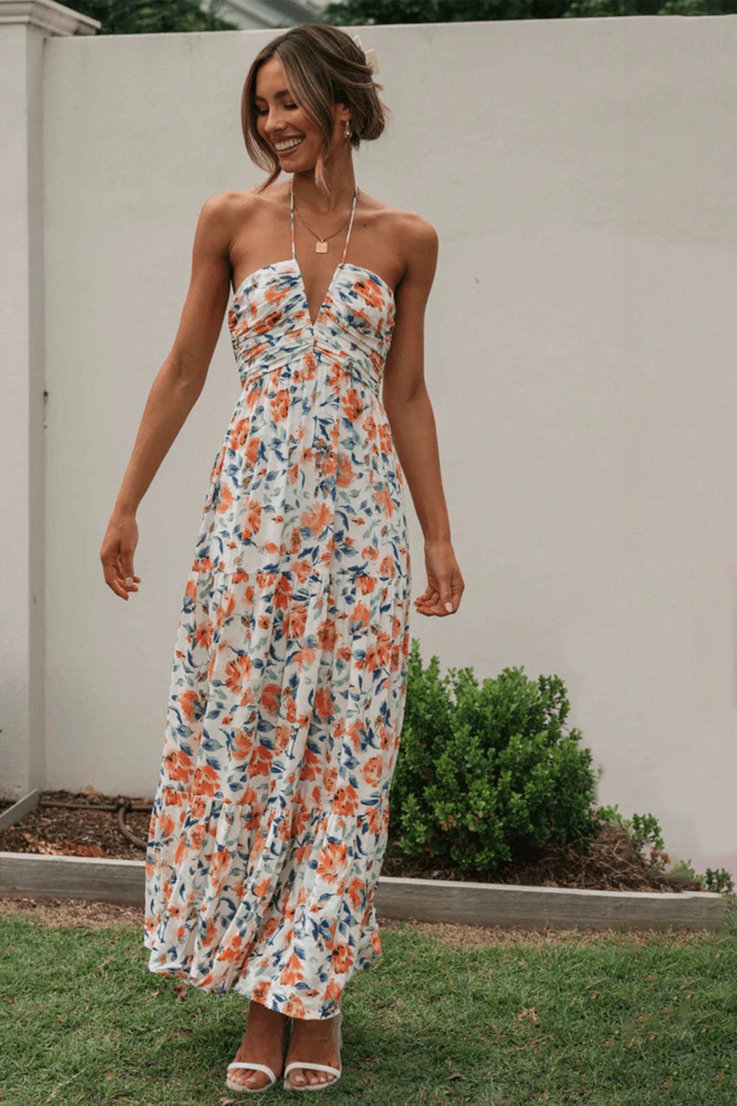 Sue Çiçek Baskılı Halter Yaka Uzun Sundress Siaora