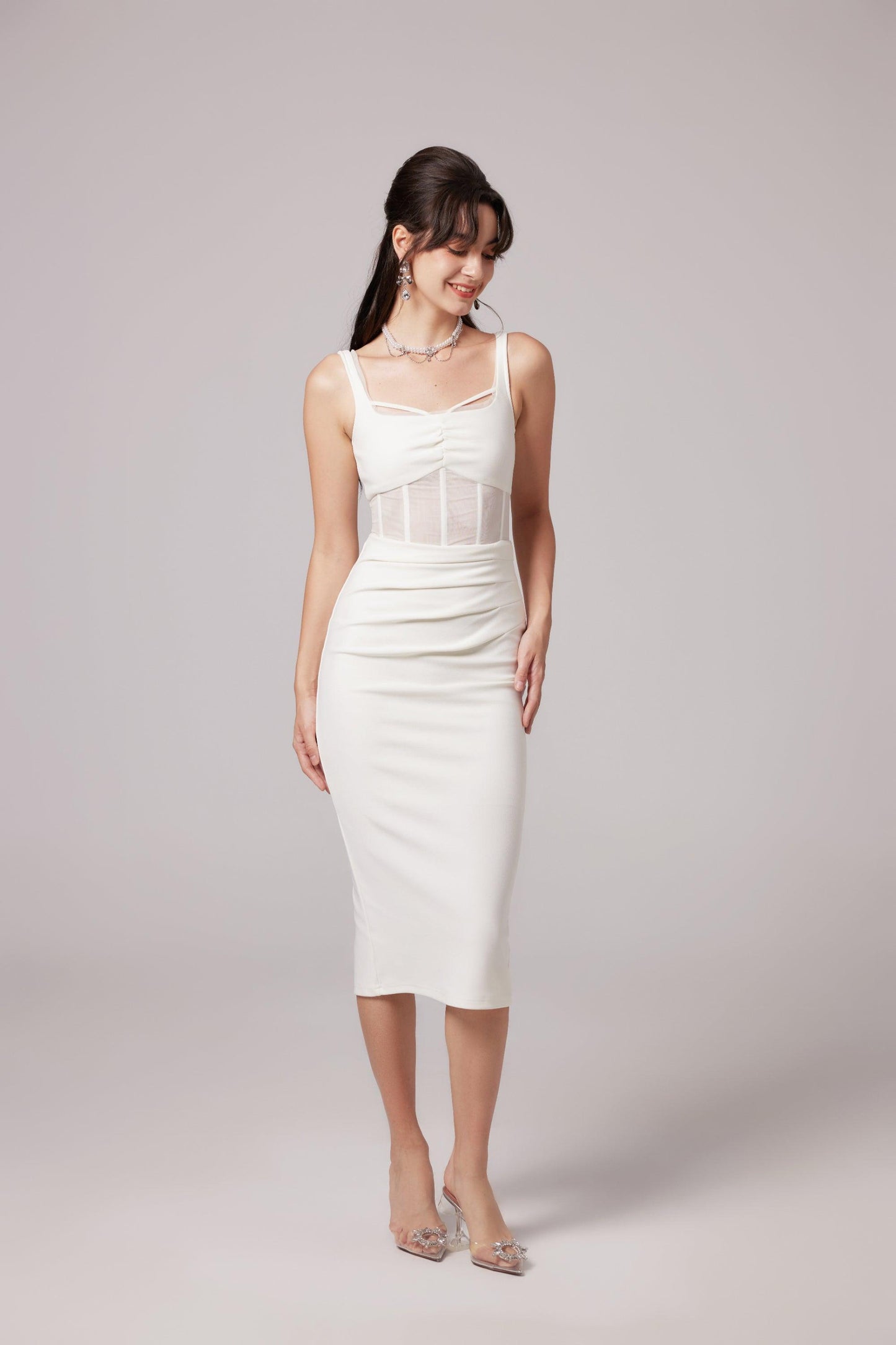 Elegant Beyaz Midi Elbise Siaora