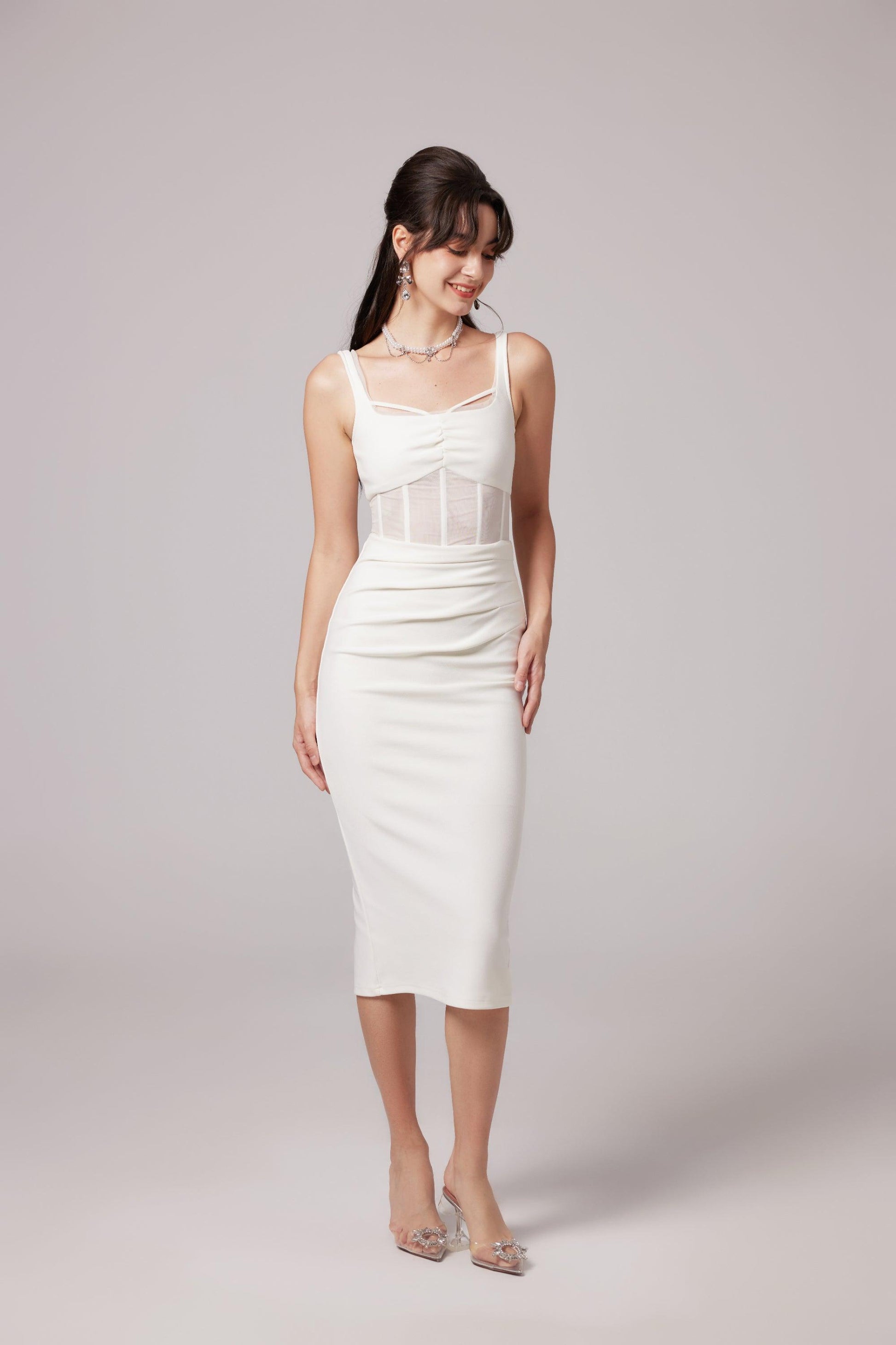 Elegant Beyaz Midi Elbise Siaora