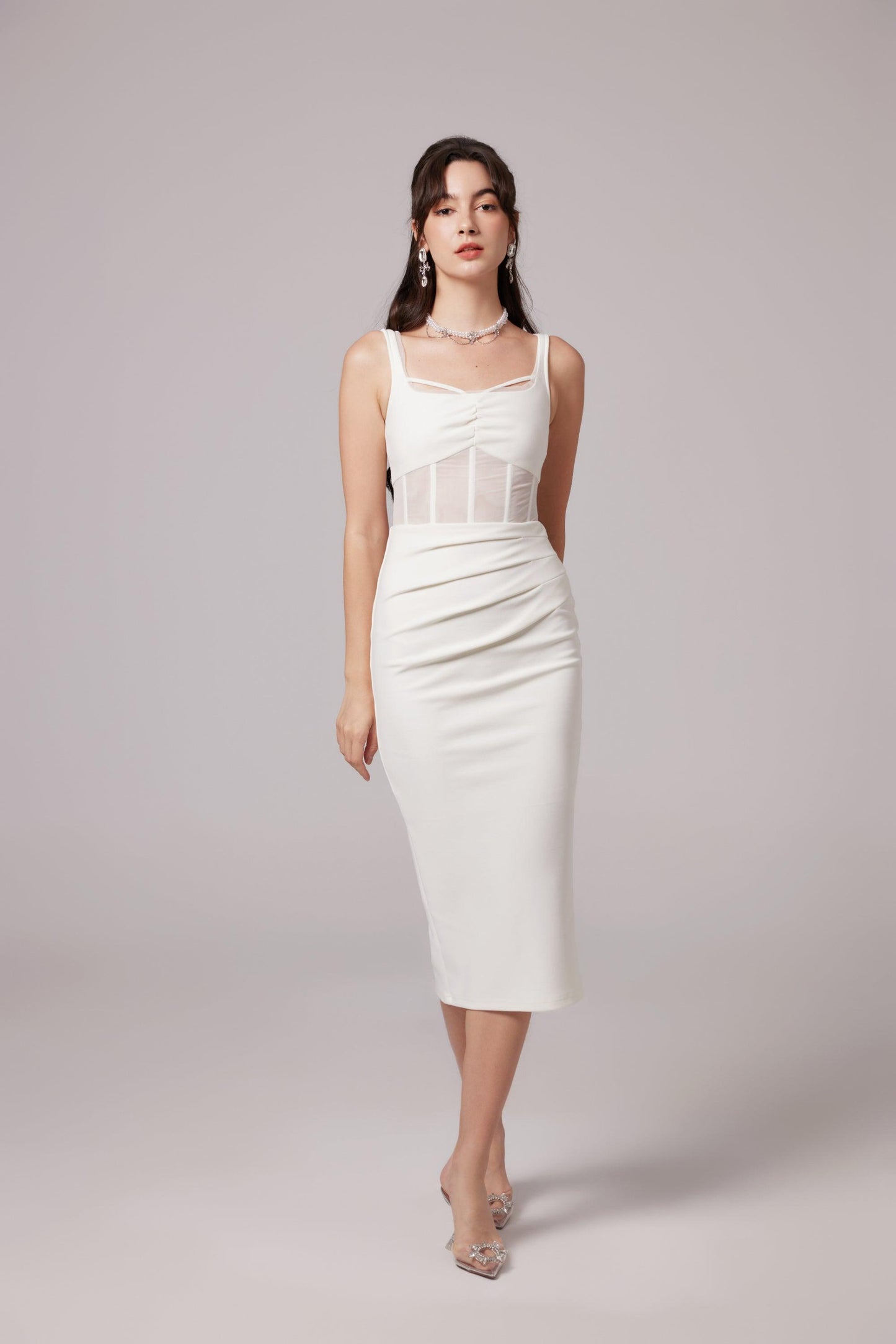 Elegant Beyaz Midi Elbise Siaora
