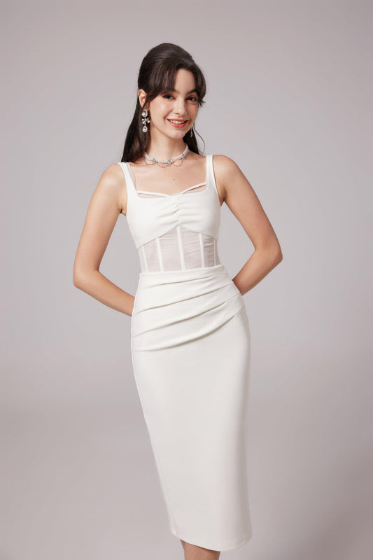Elegant Beyaz Midi Elbise Siaora