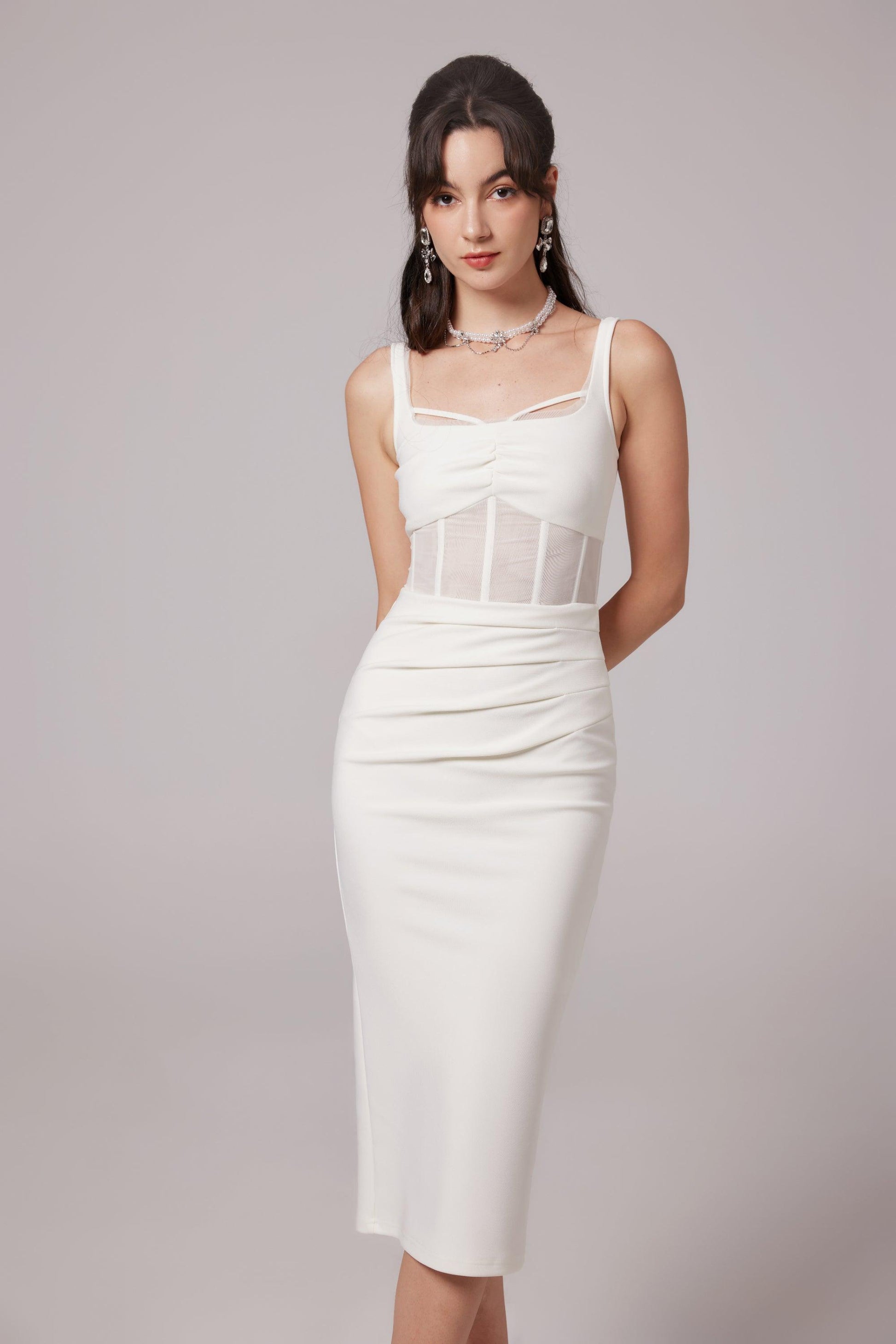 Elegant Beyaz Midi Elbise Siaora