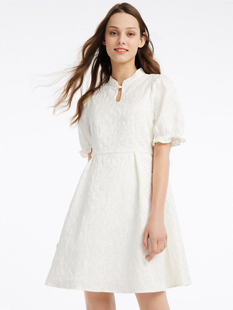 Beyaz Çekoslovak Qipao Jacquard Puff Kol Midi Elbise Siaora