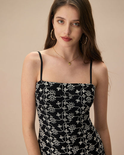 Siyah Çiçek Nakışlı Pamuklu Slip Mini Elbise Siaora
