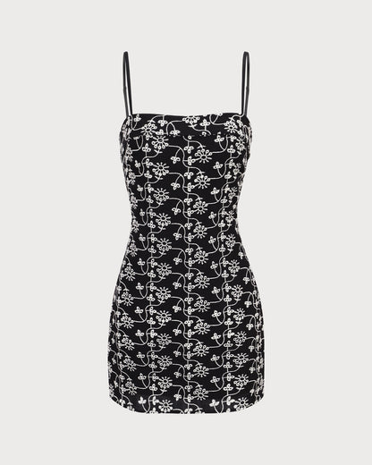 Siyah Çiçek Nakışlı Pamuklu Slip Mini Elbise Siaora