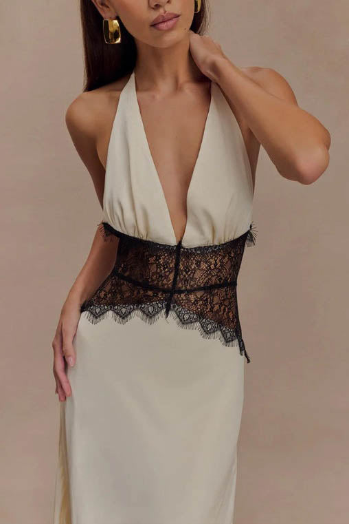 Halter Patchwork Sırt Dekolteli Seksi Uzun Elbise Niebbla