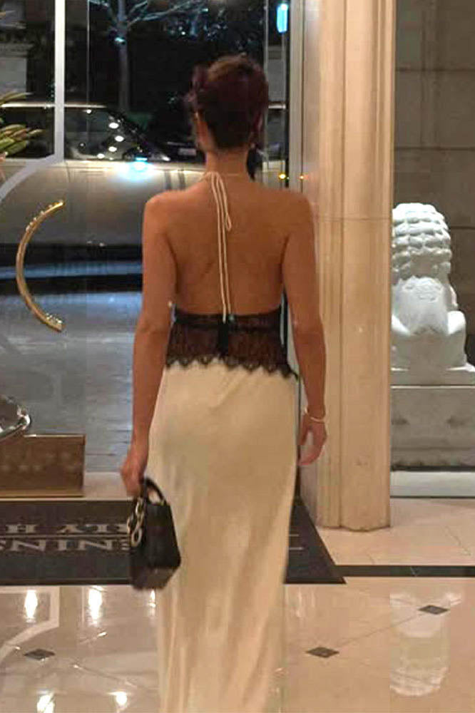 Halter Patchwork Sırt Dekolteli Seksi Uzun Elbise Niebbla