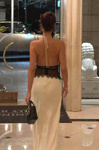 Halter Patchwork Sırt Dekolteli Seksi Uzun Elbise Niebbla