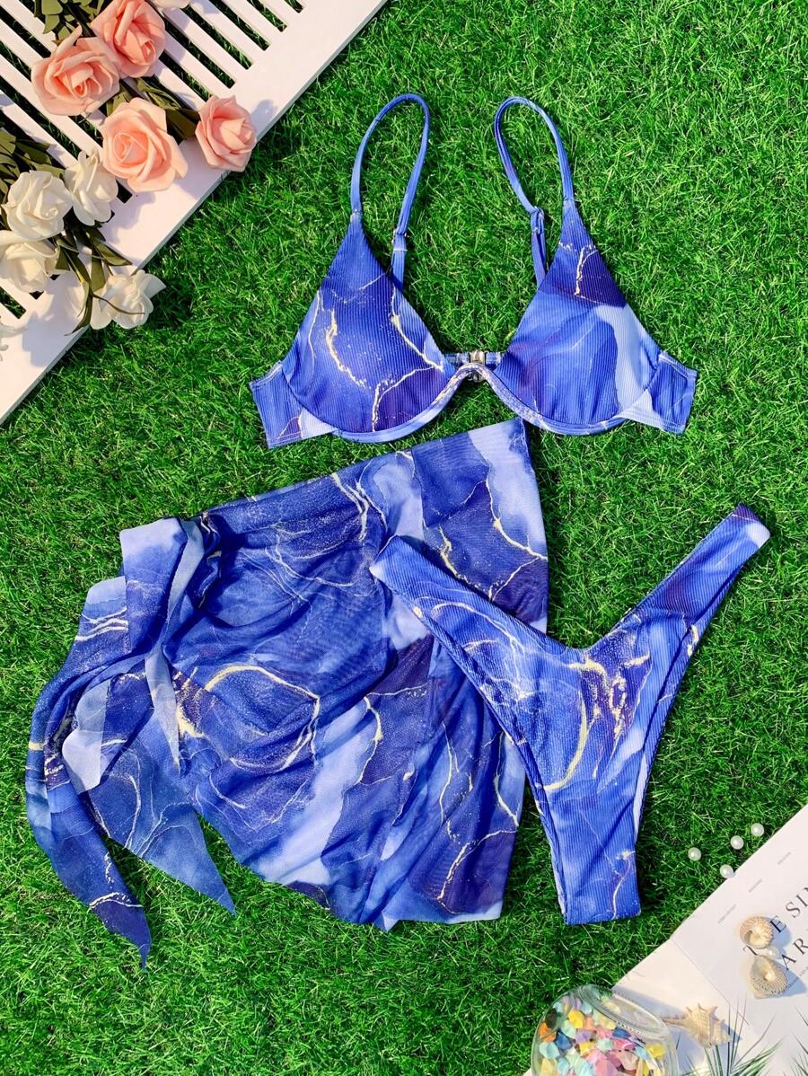 Mermer Desenli Düğümlü Bohem Bikini Takımı Niebbla