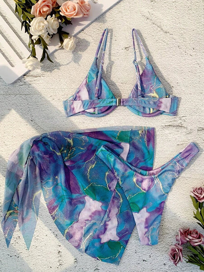 Mermer Desenli Düğümlü Bohem Bikini Takımı Niebbla
