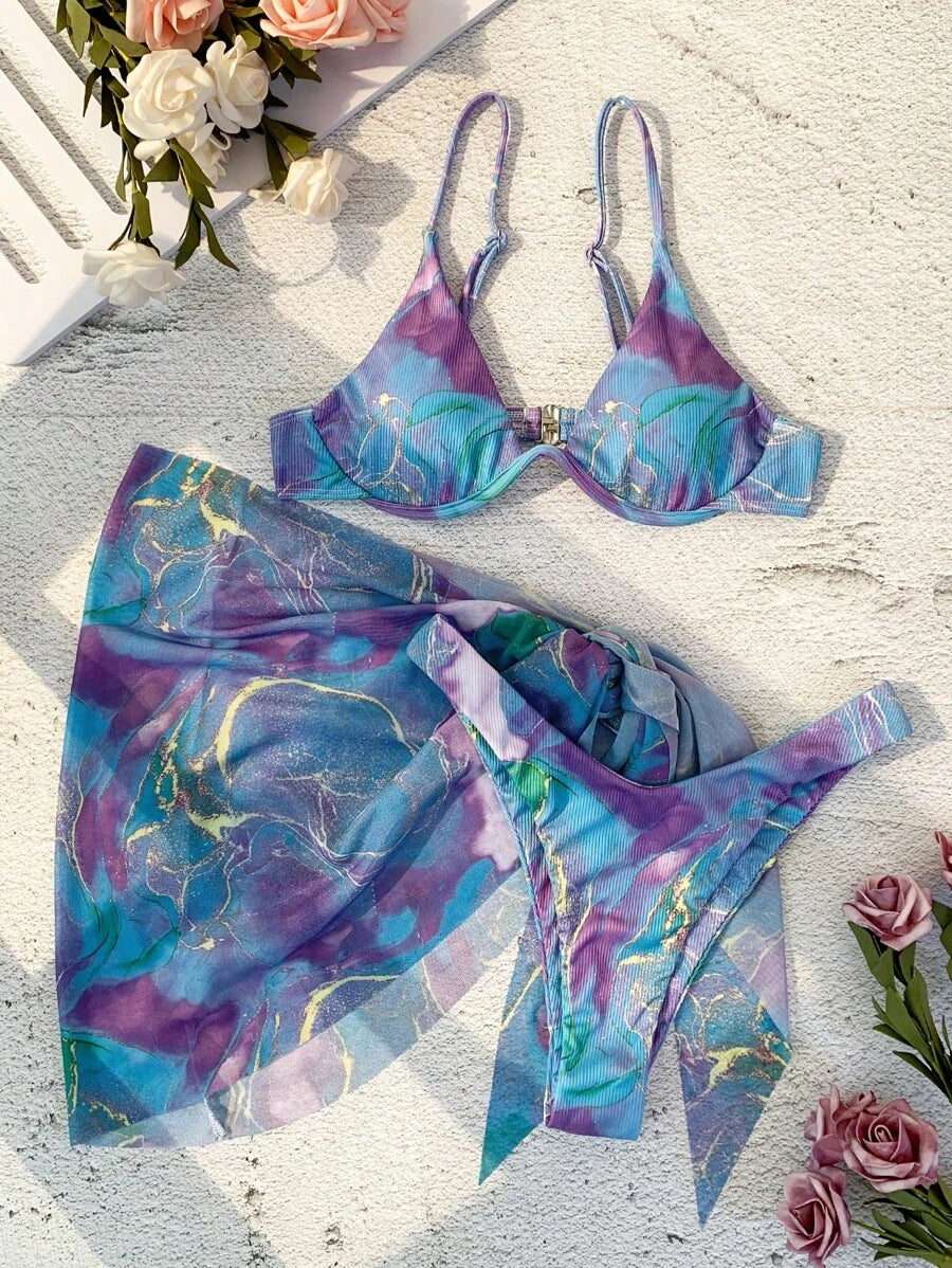 Mermer Desenli Düğümlü Bohem Bikini Takımı Niebbla