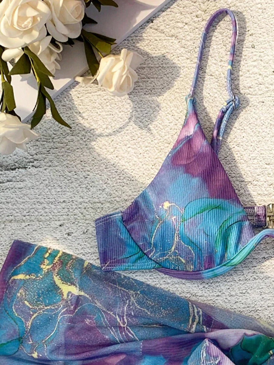 Mermer Desenli Düğümlü Bohem Bikini Takımı Niebbla