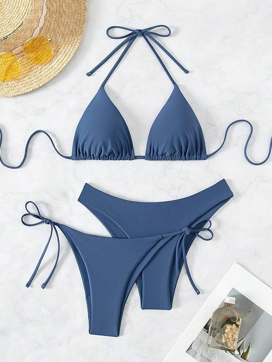 3 Parça Halter Üst + Üçgen Alt + Bağcıklı Şort Bikini Takımı Niebbla