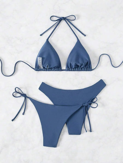 3 Parça Halter Üst + Üçgen Alt + Bağcıklı Şort Bikini Takımı Niebbla