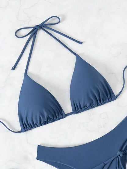 3 Parça Halter Üst + Üçgen Alt + Bağcıklı Şort Bikini Takımı Niebbla