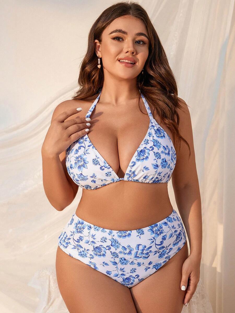 Büyük Beden Boyundan Bağlamalı Baskılı Bikini Takımı Niebbla