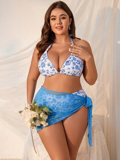 Büyük Beden Boyundan Bağlamalı Baskılı Bikini Takımı Niebbla