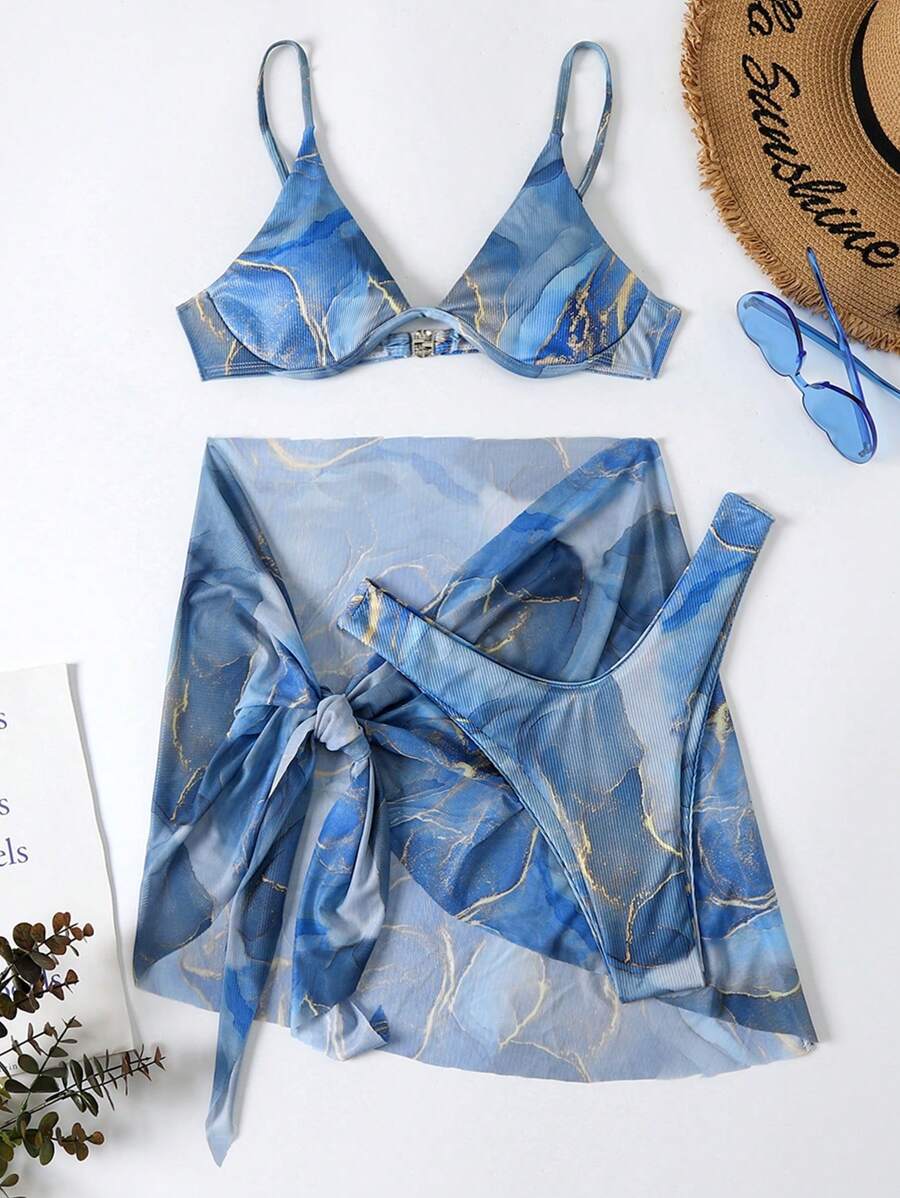 Mermer Desenli Düğümlü Bohem Bikini Takımı Niebbla