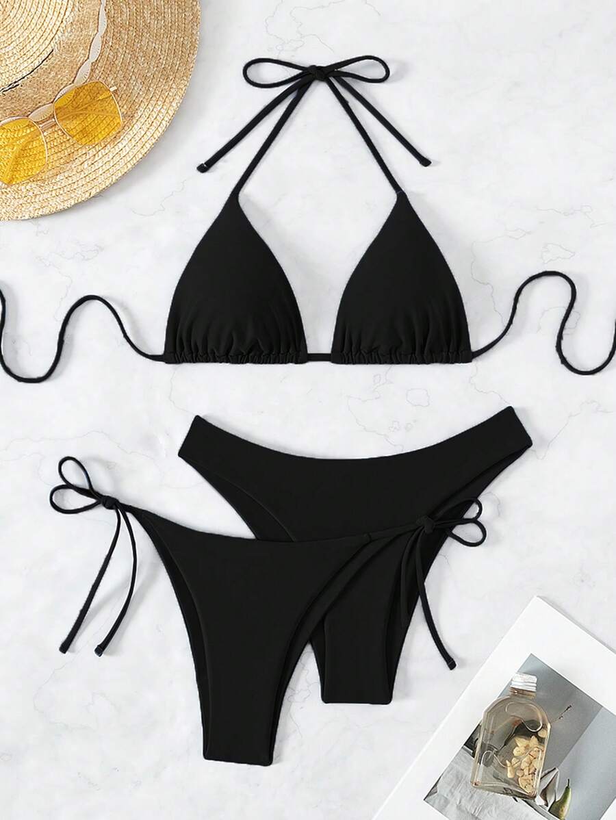 3 Parça Halter Üst + Üçgen Alt + Bağcıklı Şort Bikini Takımı Niebbla