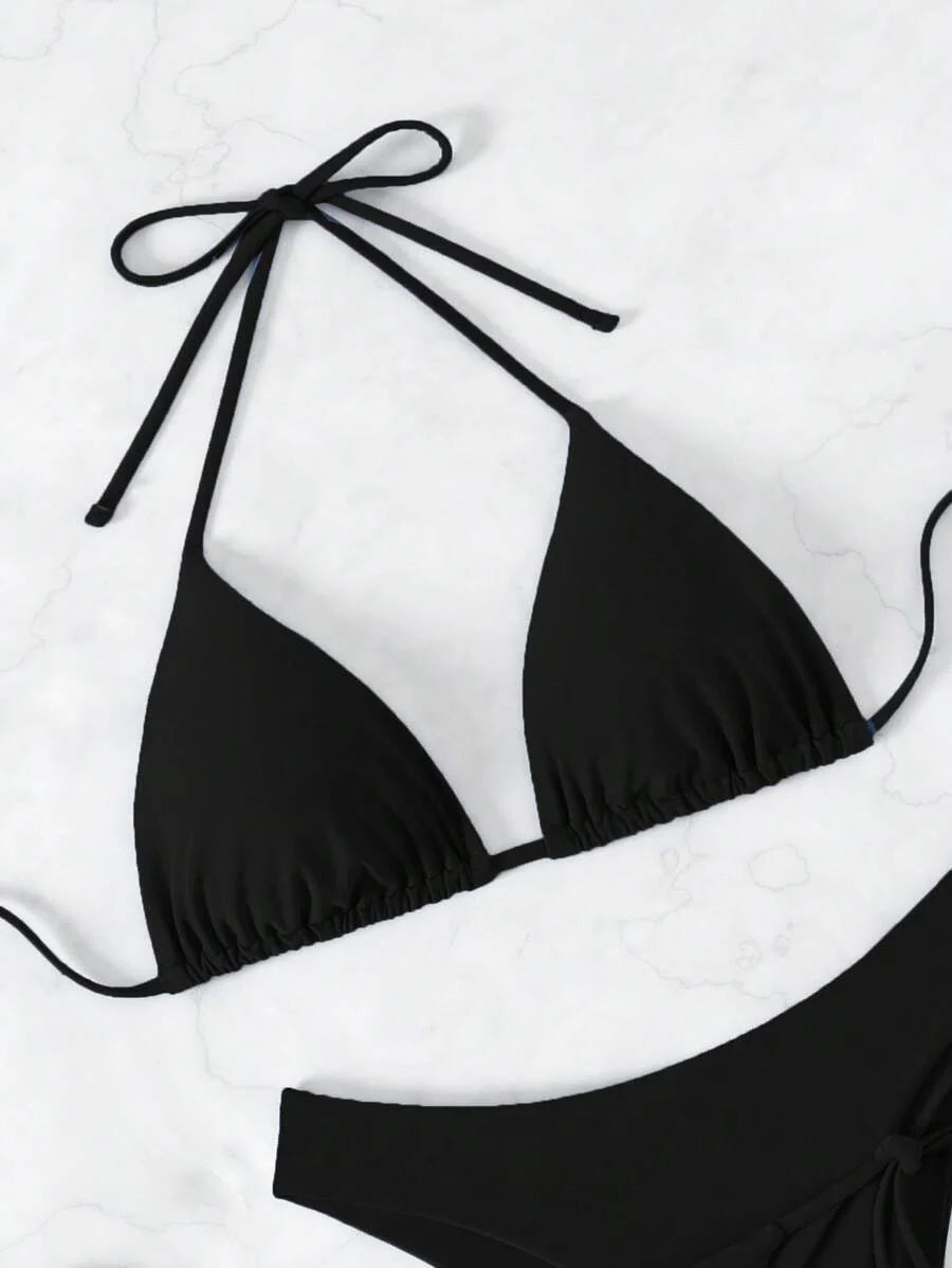 3 Parça Halter Üst + Üçgen Alt + Bağcıklı Şort Bikini Takımı Niebbla