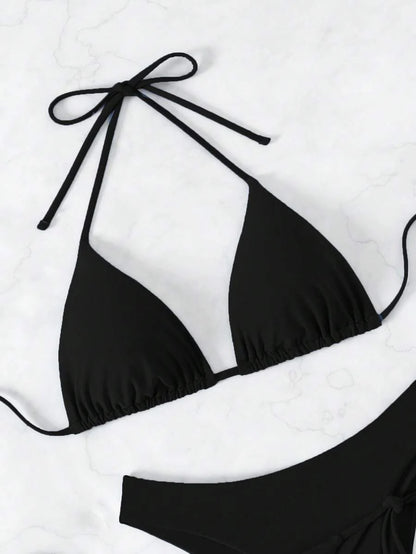 3 Parça Halter Üst + Üçgen Alt + Bağcıklı Şort Bikini Takımı Niebbla