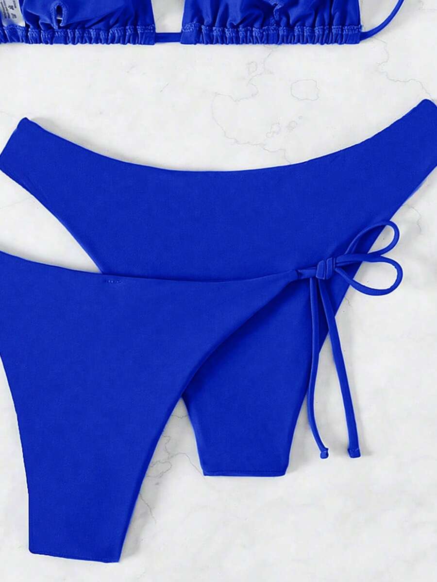 3 Parça Halter Üst + Üçgen Alt + Bağcıklı Şort Bikini Takımı Niebbla