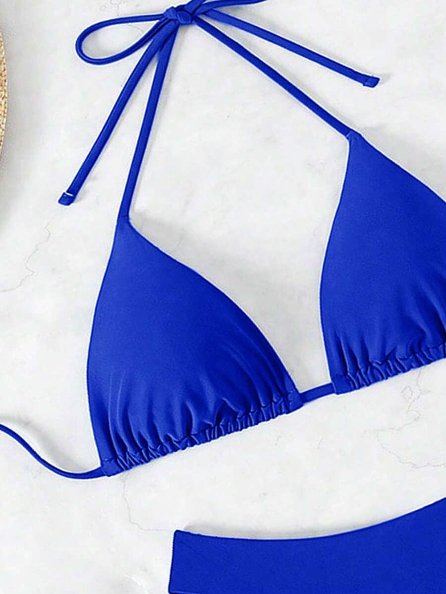 3 Parça Halter Üst + Üçgen Alt + Bağcıklı Şort Bikini Takımı Niebbla