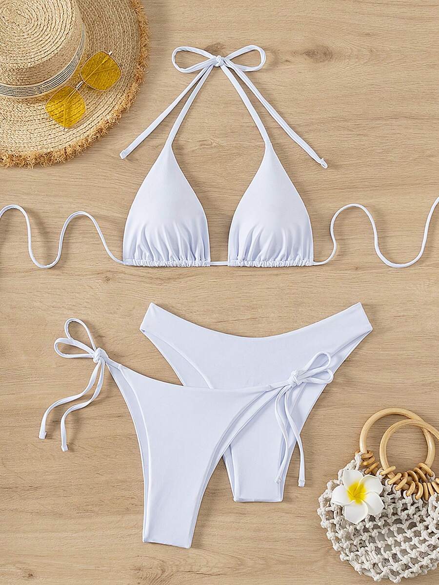 3 Parça Halter Üst + Üçgen Alt + Bağcıklı Şort Bikini Takımı Niebbla