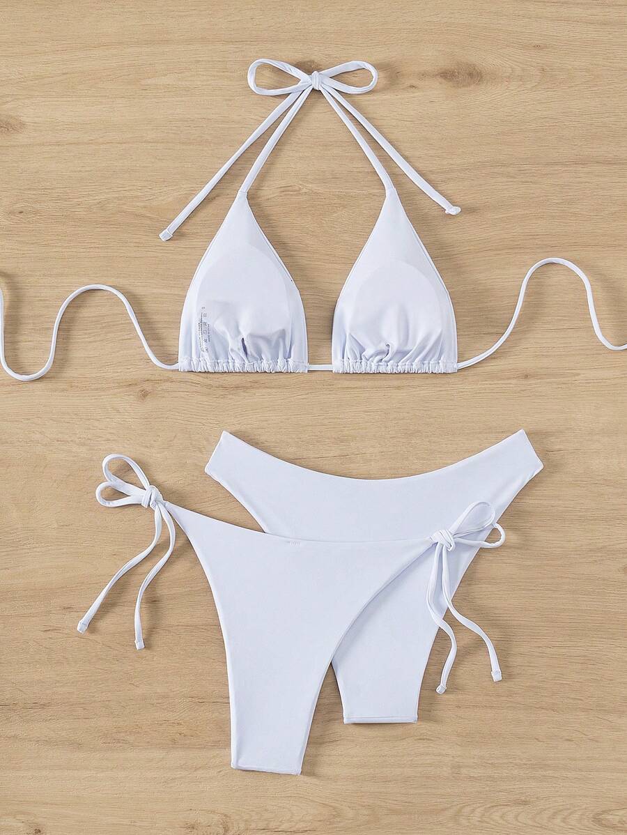 3 Parça Halter Üst + Üçgen Alt + Bağcıklı Şort Bikini Takımı Niebbla